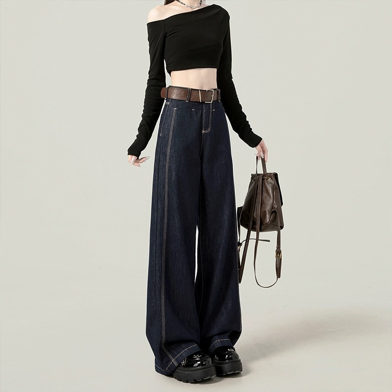 新款丹宁蓝阔腿牛仔裤女美式高腰