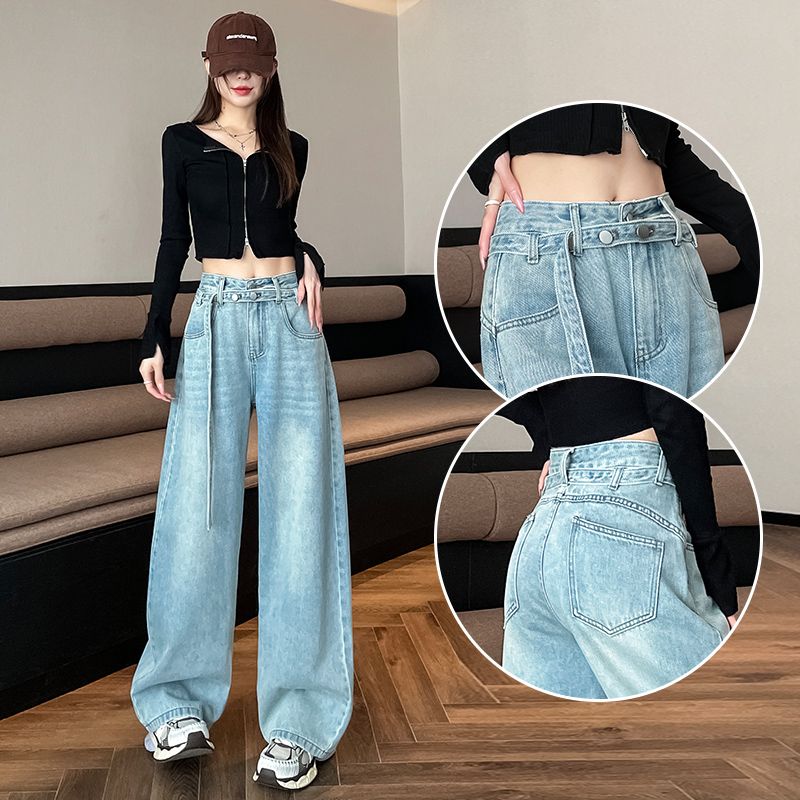 春季新款弯刀阔腿牛仔裤女高个子