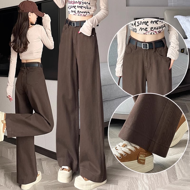2025春季新款咖啡色阔腿牛仔裤女