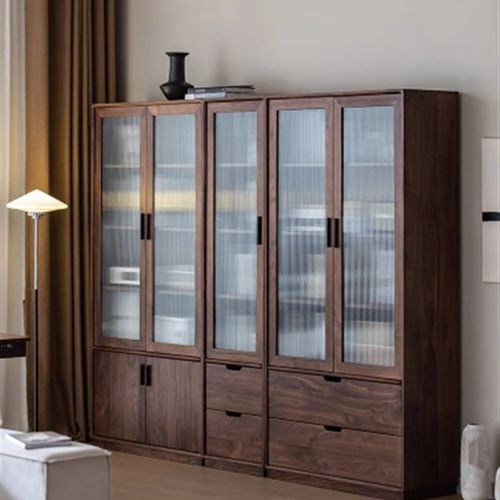 黑胡桃木组合书柜全实木现代简约展示柜书橱书房玻璃门储物柜书柜