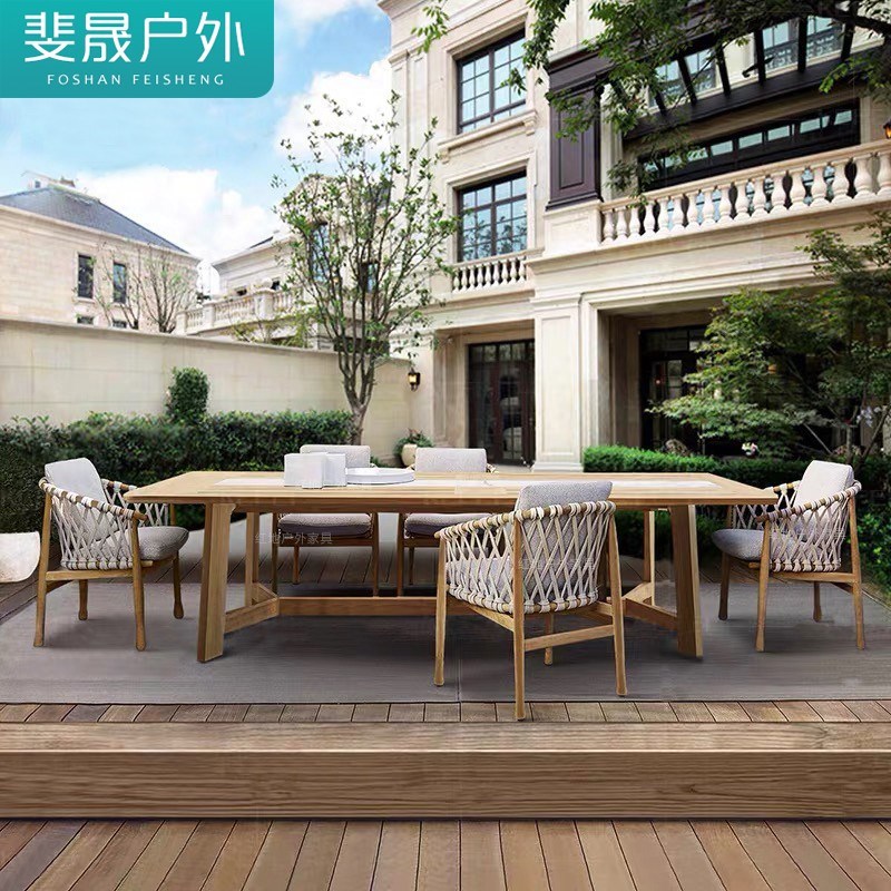 柚木户外桌椅庭院桌防腐木做旧民宿防水室外露台花园实木藤编桌椅