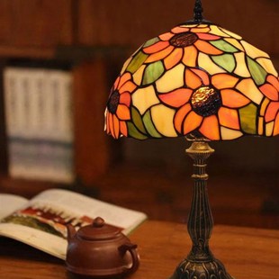 欧式复古太阳花台灯浪漫彩色玻璃触摸调光遥控拉绳结婚卧室床头灯