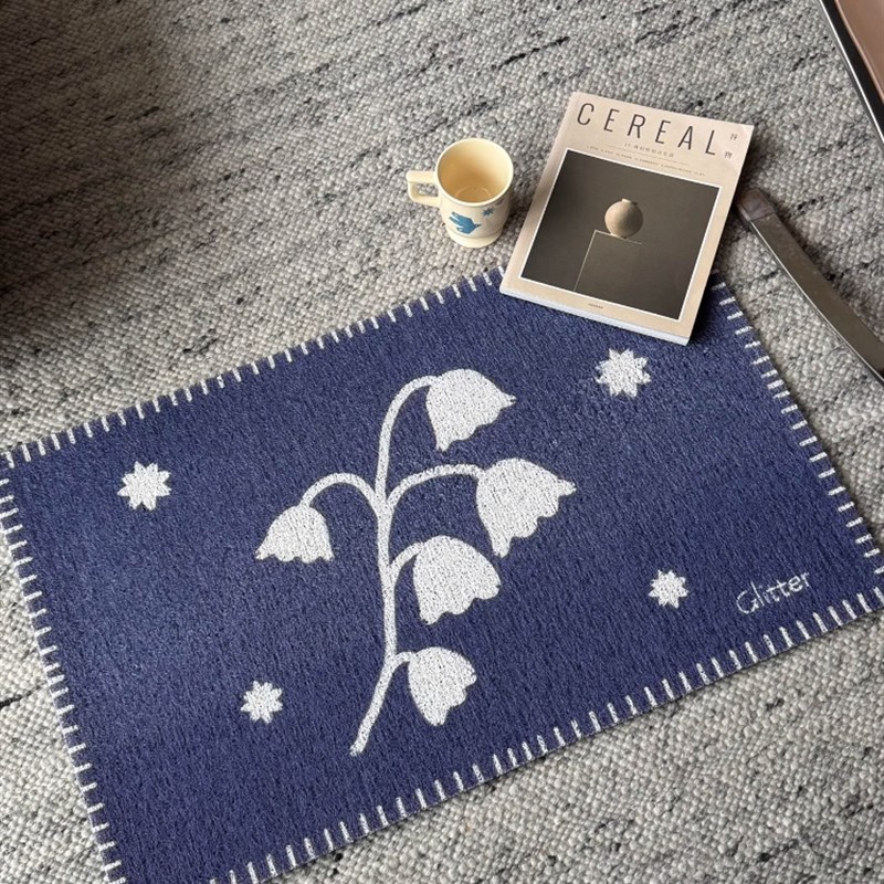 复古百合谷丝绸圈入口门垫蓝色中世纪入口门垫商业除尘和防脏地毯