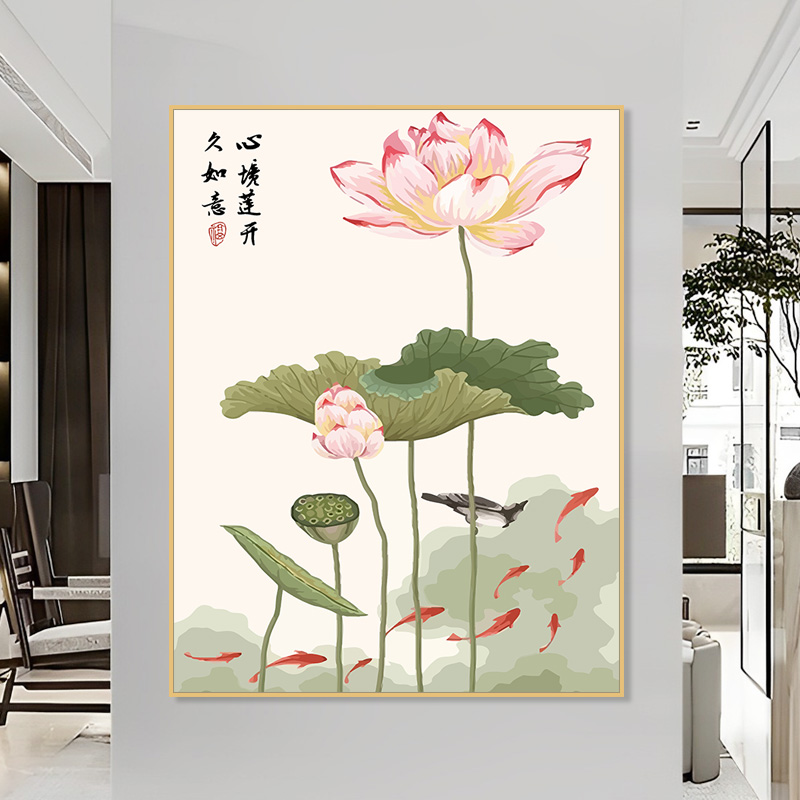 花卉荷花diy数字油画填色油彩画手绘丙烯画客厅餐厅装饰油画国风图片