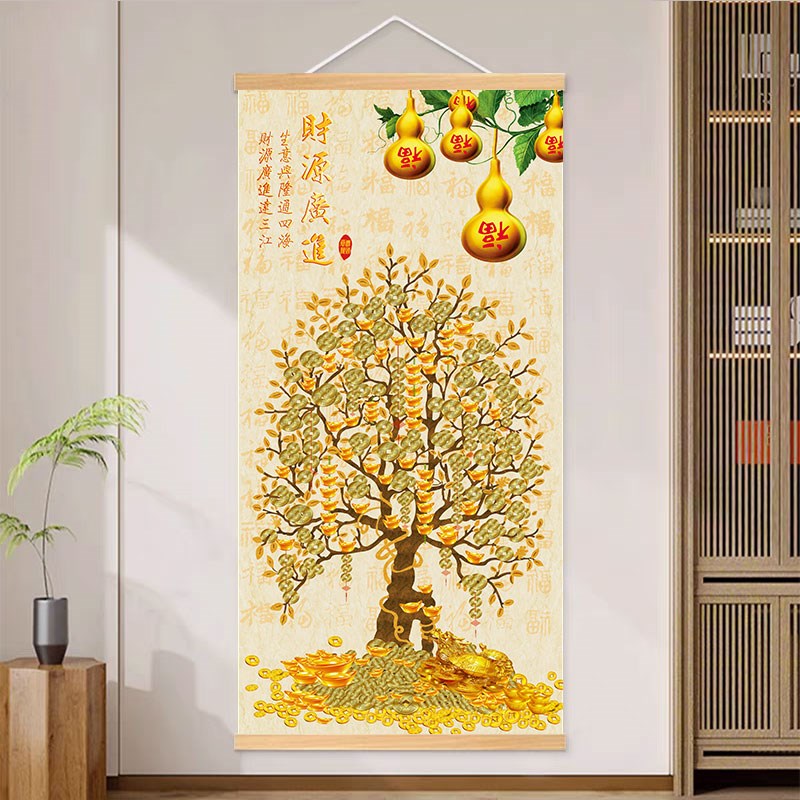 黄金发财树新中式挂画客厅装饰画入户玄关摇钱树财源滚滚卷轴挂画图片