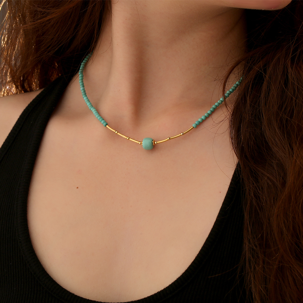 天然绿松石圆珠老型珠项链女款