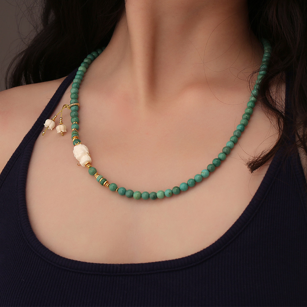 龙丰绿松轩S925银镀18k金正品天然绿松石圆珠雕刻项链女款高级感