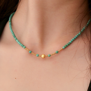 高级感百搭 龙丰绿松轩S925银镀18K金天然绿松石圆珠diy项链女款