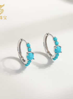 龙丰绿松轩S925银镀18K金正品天然绿松石椭圆形耳钉女款高瓷耳饰