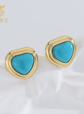 龙丰绿松轩S925银镀18k金正品天然绿松石心形耳钉简约百搭款高级