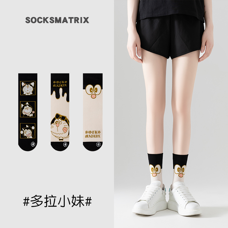 3双装袜矩阵哆啦小妹纯棉中筒袜
