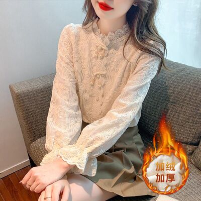 加绒加厚蕾丝打底衫女秋