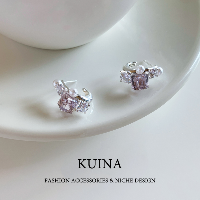 紫色水晶耳环圈圈纯银针耳钉女