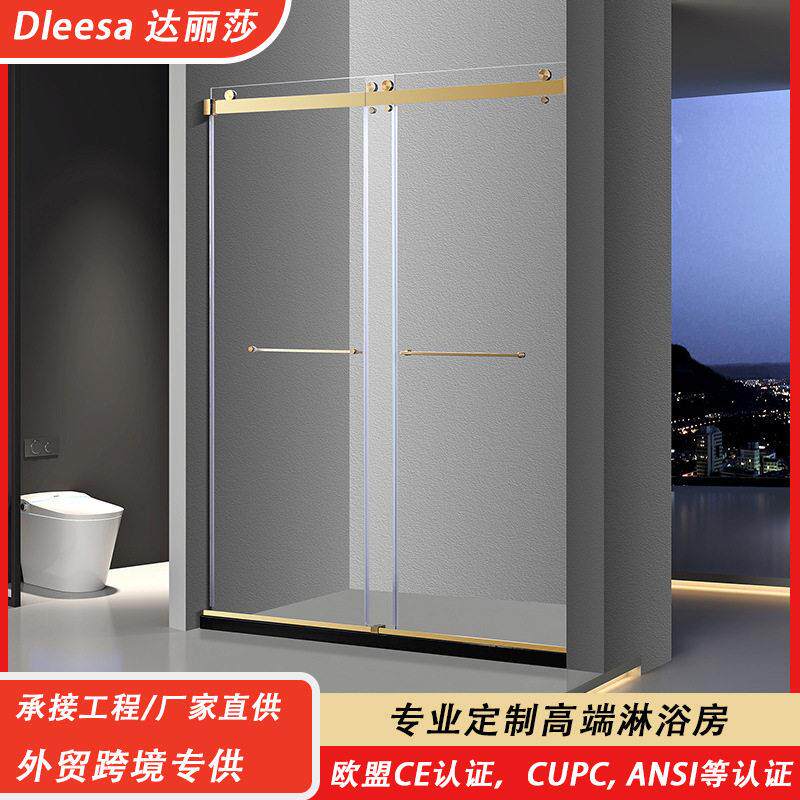 外贸一字型淋浴房家用酒店卫生间金色不锈钢双移门浴室玻璃隔断