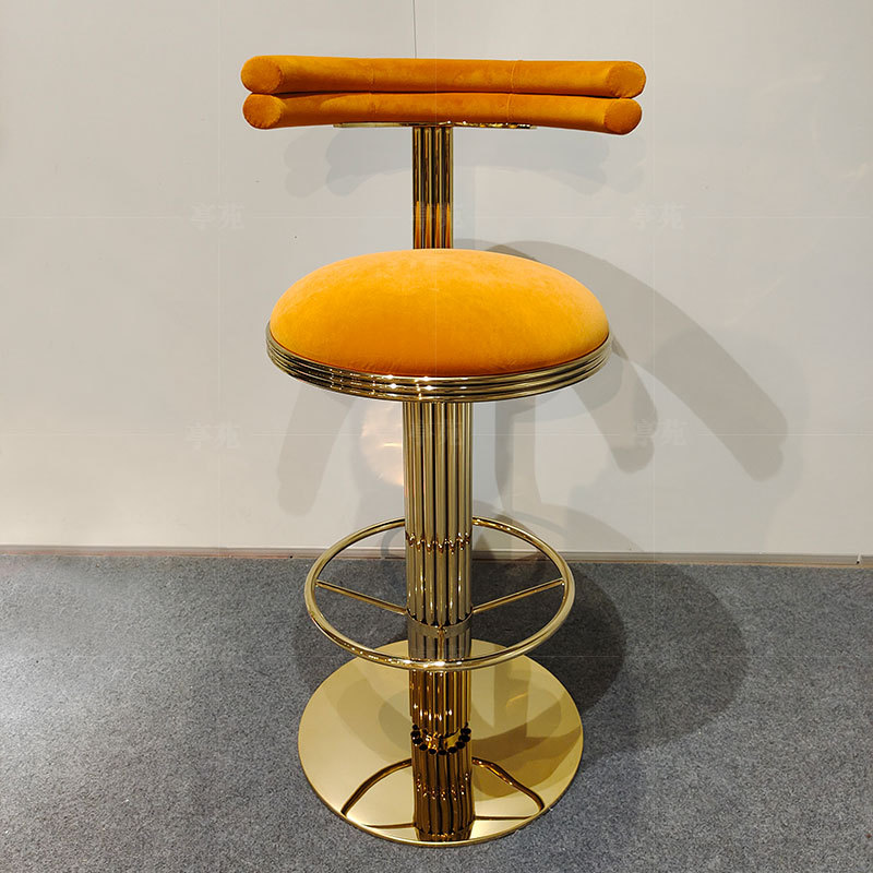 豪华金色不锈钢酒店前台高脚椅酒吧KTV天鹅绒吧台椅现代轻奢吧凳