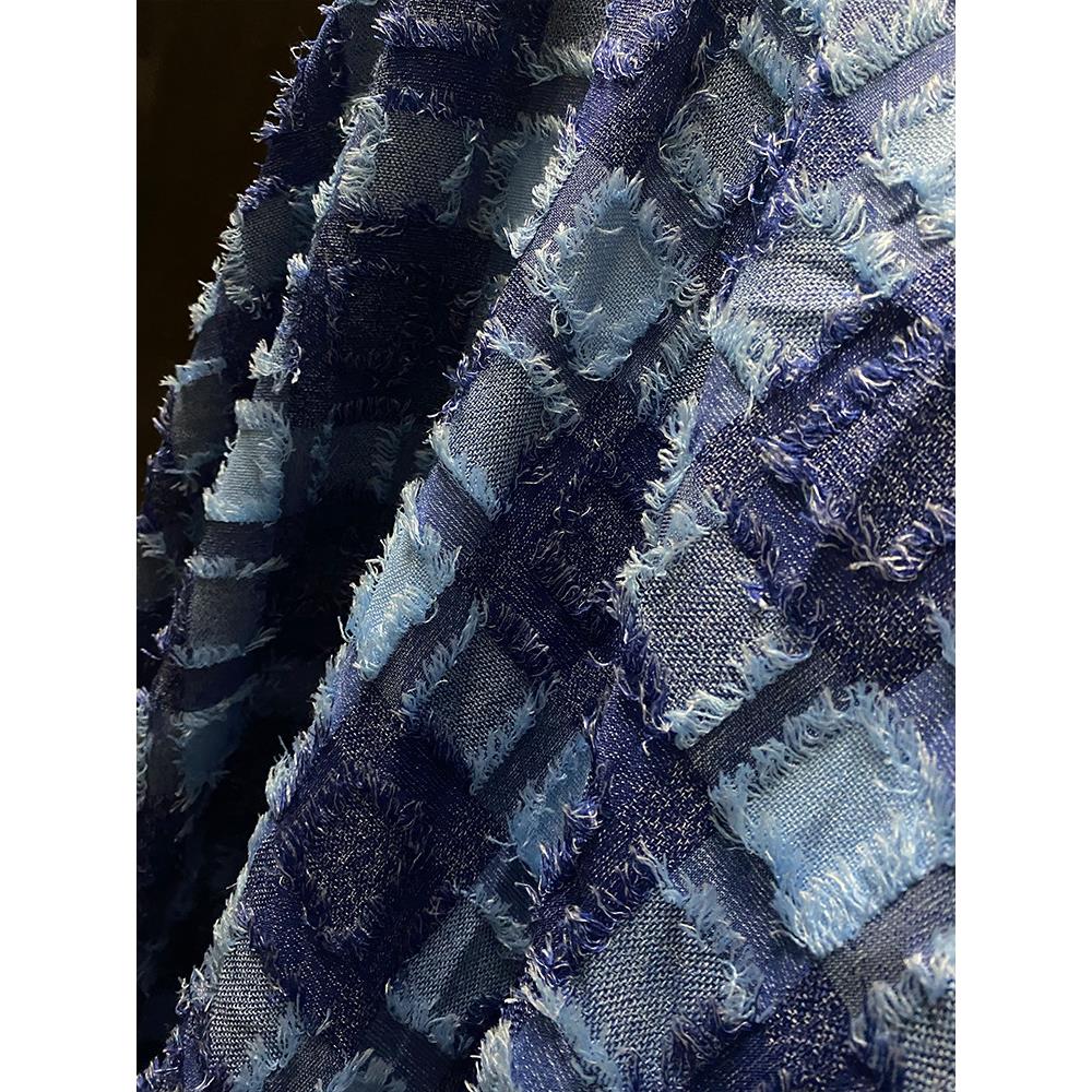 柔软垂感蓝色流苏格纹面料提花外套连衣裙衬衫服装设计师布料