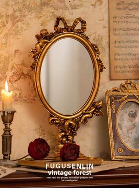 复古欧式金色天使浮雕镜子台式高脚家居摆件轻奢梳妆网红拍摄道具