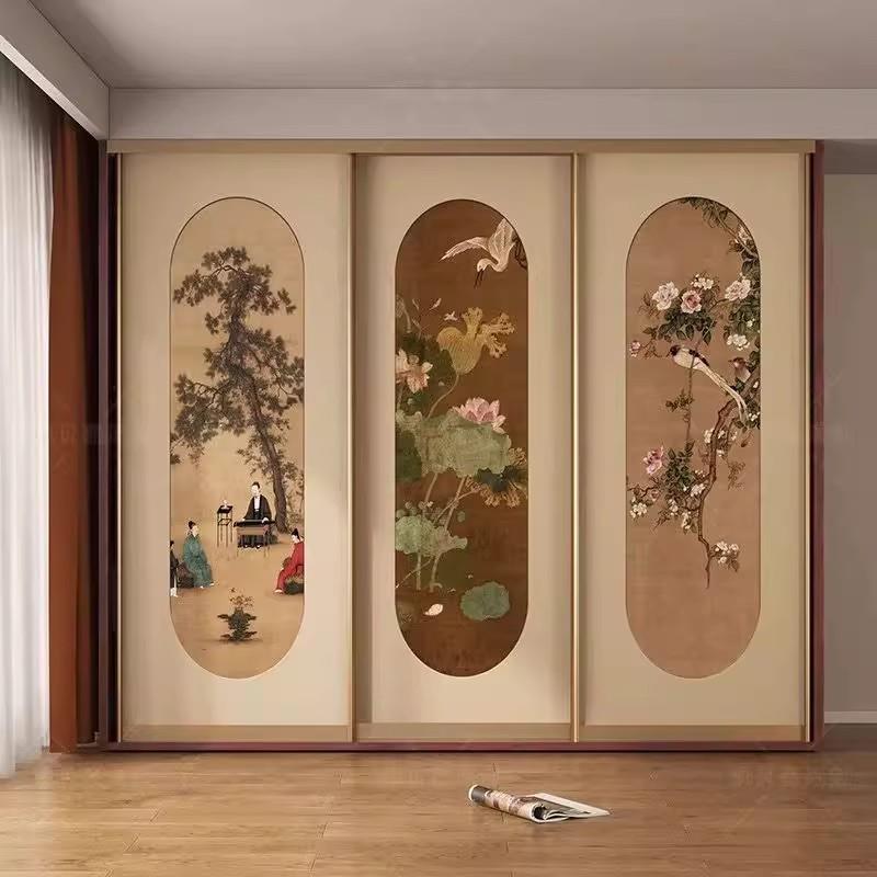 中式古典屏风壁布中古风玄关过道定制墙布壁画新中式竖版国风壁纸