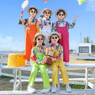 儿童啦啦队演出服幼儿园男女童糖果色背带裤套装小学生团体表演服