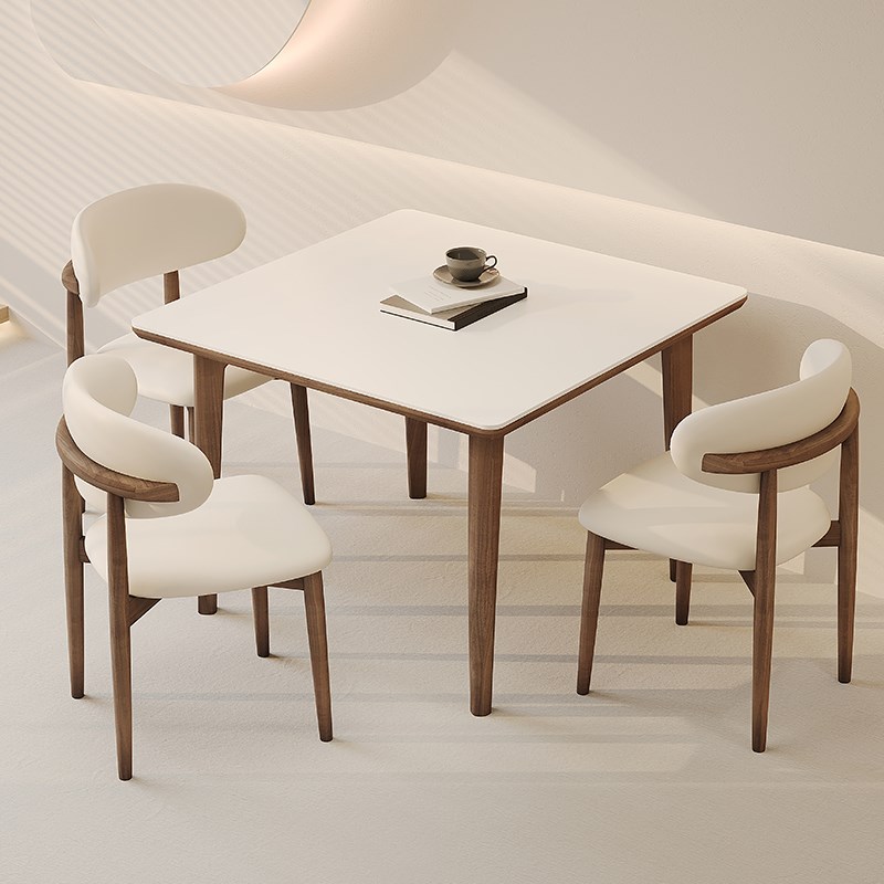 德利丰岩板餐桌方桌黑胡桃实木家用奶油简约风小户型正方形麻将桌