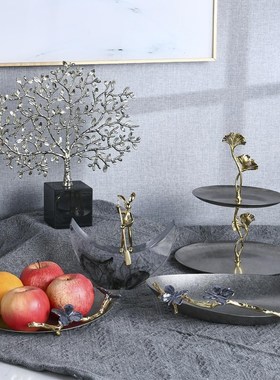 现代轻奢双层银杏收纳盘不锈钢做旧托盘发财树抽象划船兔桌面摆件