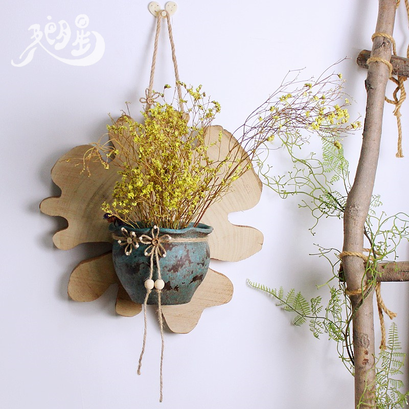 带实木板悬挂粗陶罐手工花盆做旧花器复古花器田园风格壁挂花插