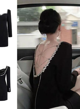 法式复古轻奢连衣裙2025早春款设计感赫本风镶钻露背裙夜店装1079