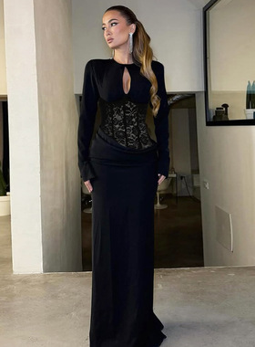 跨境欧美2025秋冬季新款女装纯色性感圆领蕾丝镂空修身包臀