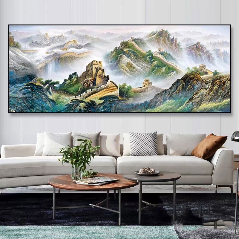 芬村手绘油画新中式万里长城迎客松风景画挂画