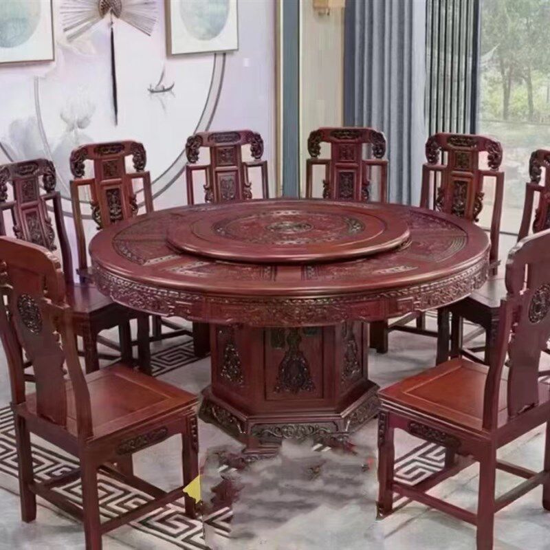 餐桌中式仿古雕花餐桌圆饭桌盘餐桌椅现代简约家具橡木