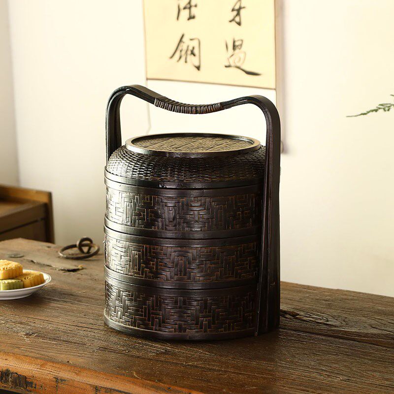 竹编漆复古食盒中国风盖收纳筐提篮圆形茶具收纳盒漆器礼品蓝