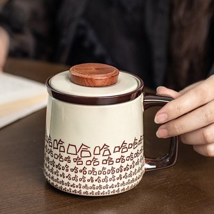 复古草木灰茶杯i陶瓷办公杯茶水分离杯家用带过滤大容量水杯泡茶