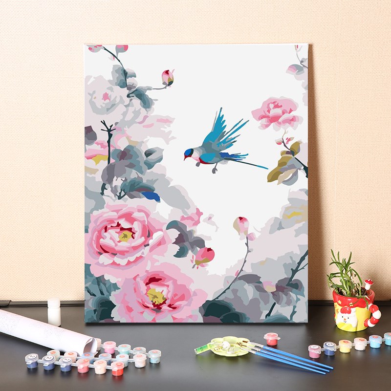 数字油画diy填充牡丹花和喜鹊中式客厅装饰手工填色油彩丙烯画画图片
