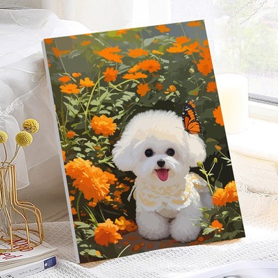 花丛比熊数字油画填色diy无聊解闷手工丙烯画手绘填充填色装饰画
