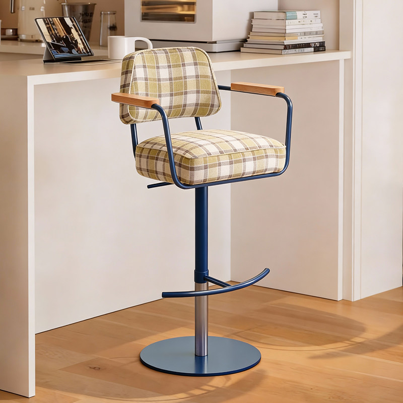 复古风可升降旋转吧台椅客厅卧室家用高脚椅休闲扶手椅单人方格椅