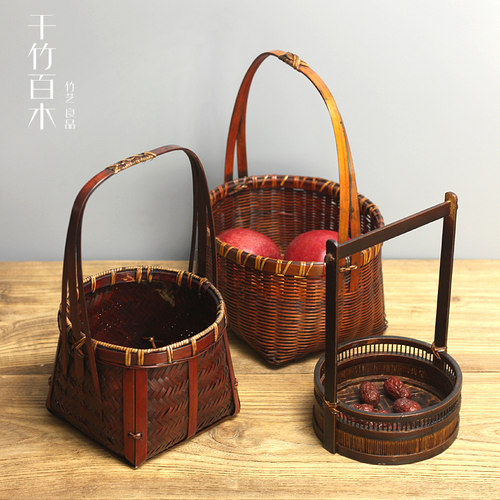 特色覆古竹编提篮彷古做旧茶点篮竹工艺品花篮吊篮手工艺品