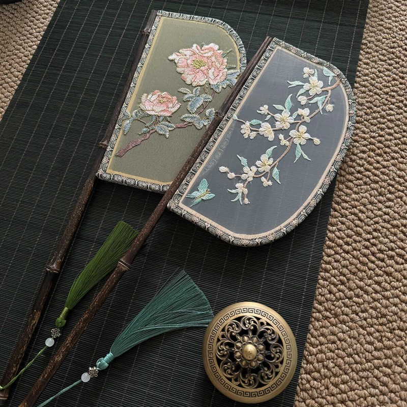 天然紫竹刺绣刀扇长柄异形汉服拍照走秀便面扇古风道具扇