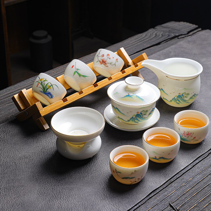 羊脂玉白瓷功夫茶具整装泡茶盖碗日式品茗杯杯架