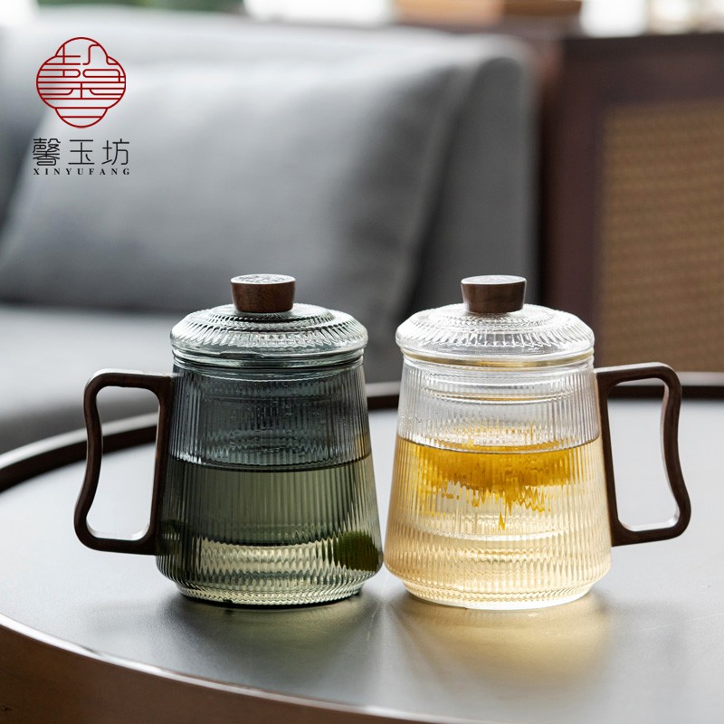 馨玉坊木把玻璃杯盖过滤室茶杯茶分离杯