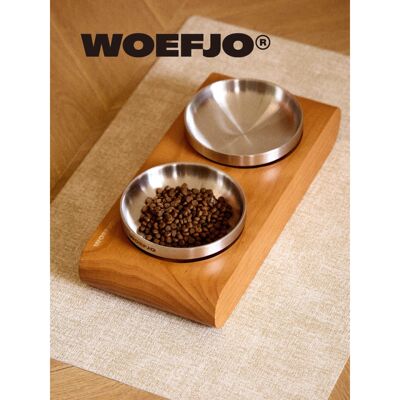 WOEFJO实木宠物双碗防打翻护颈增高碗架猫狗通用陶瓷不锈钢碗餐桌