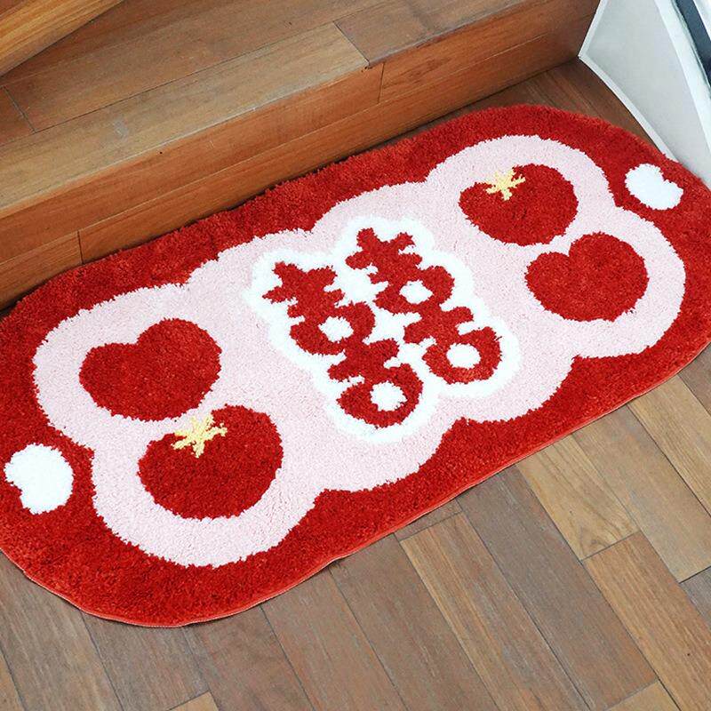结婚红色床边毯高级植绒喜字卧室地毯长毛喜庆地垫婚房入户门脚垫