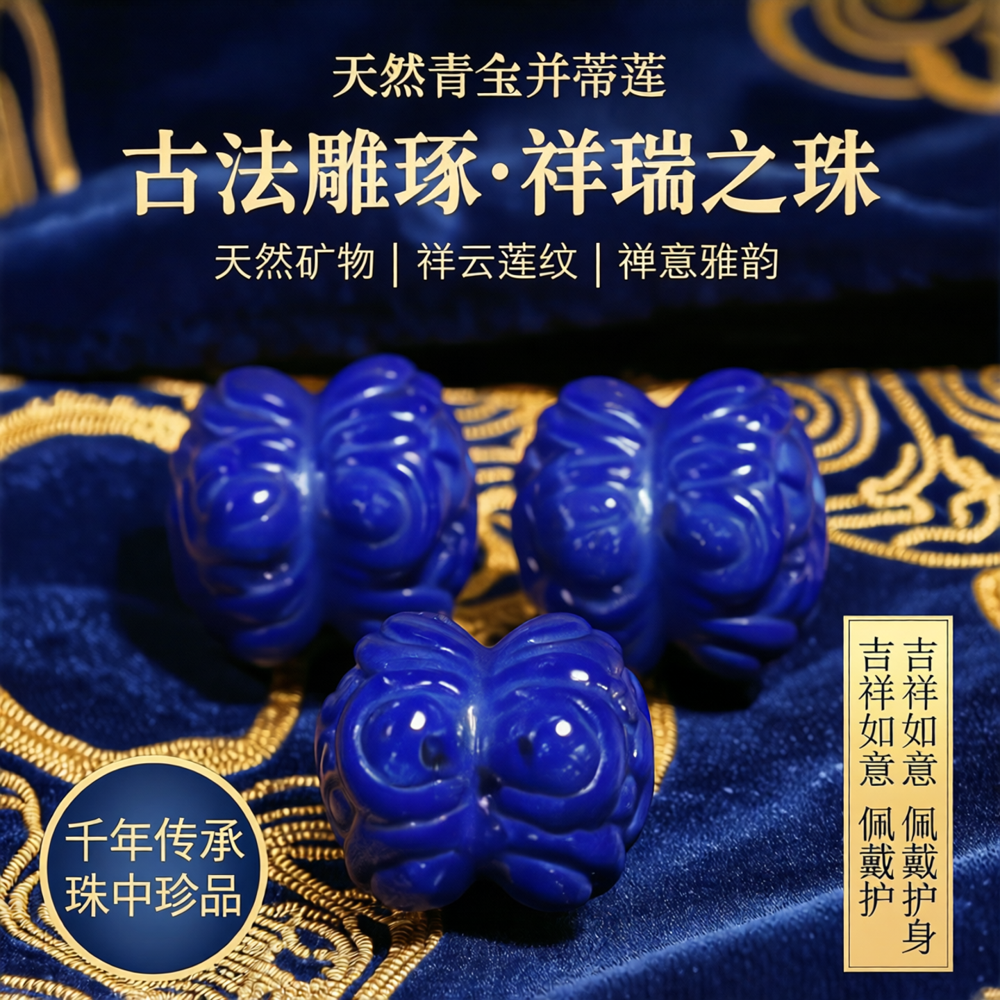 天然青金并蒂莲老矿配饰文玩DIY配件青金石祥云莲纹莲花古法雕刻