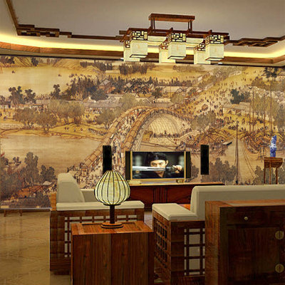 复古古典清明上河图大型r壁画客厅大厅背景墙壁纸中式影视墙布壁