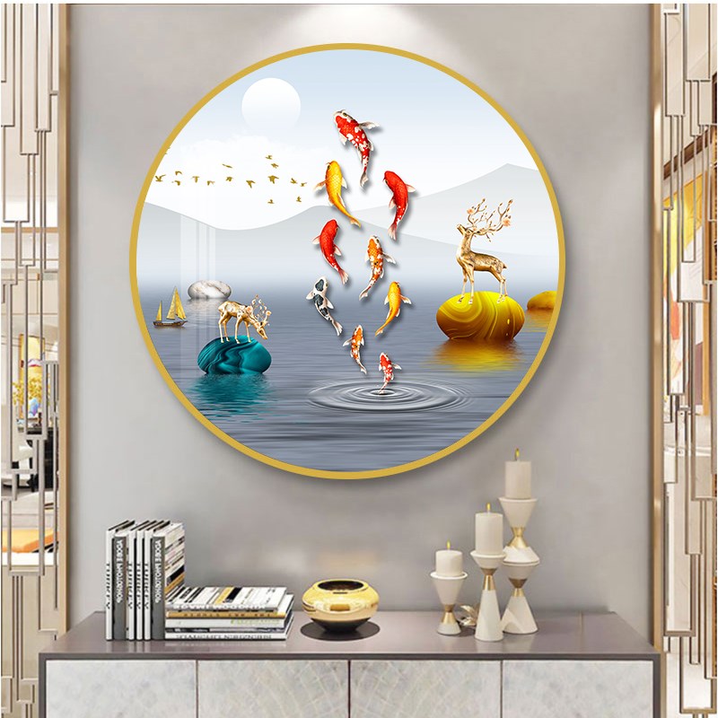 发财鹿招财入户玄关装饰画圆形现代客厅餐厅墙壁画走廊过道挂画图片
