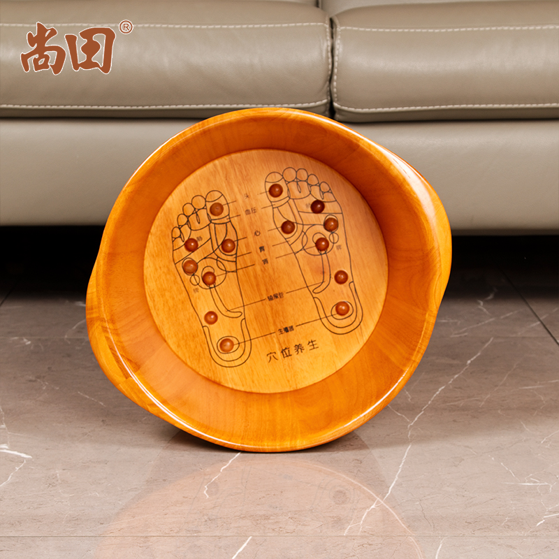 尚田橡木泡脚桶木桶加盖穴位按摩珠足浴桶家用足疗木质浴足桶深型