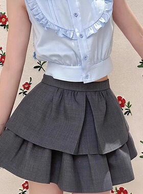 ICEYY shushu甜美高腰百搭简约学院风收腰短裙双层裙摆波浪半身裙