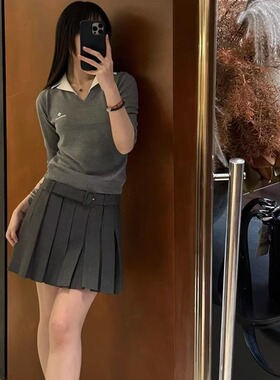 ICEYY shushut学院风简约压褶百褶裙复古腰带高腰显瘦百搭半裙女