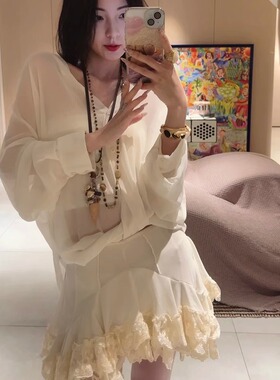 ICEYY bing时尚休闲气质设计感法式宽松长袖T恤女蕾丝花边短裙xio