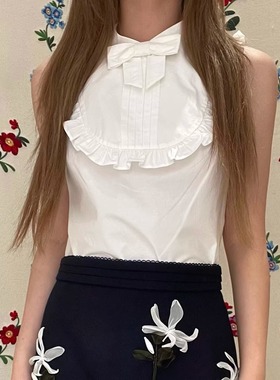 ICEYY shushu甜美风蝴蝶结花边无袖衬衫女白色立领气质通勤短上衣