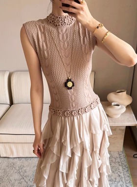 ICEYY noneto通勤风针织钩花精致感镂空无袖连衣裙女修身显瘦长裙